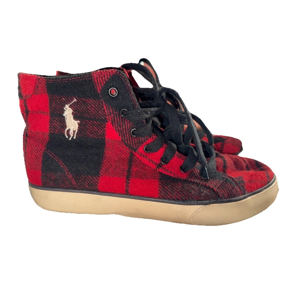 Polo Ralph Lauren Black Red Flannel Plaid Hi Top Mens Sneaker Size 6 Pony Shoes